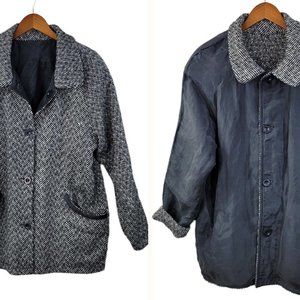 Vintage Reversible Coat size Large Light/Dark Academia Tweed Wool Silk grey